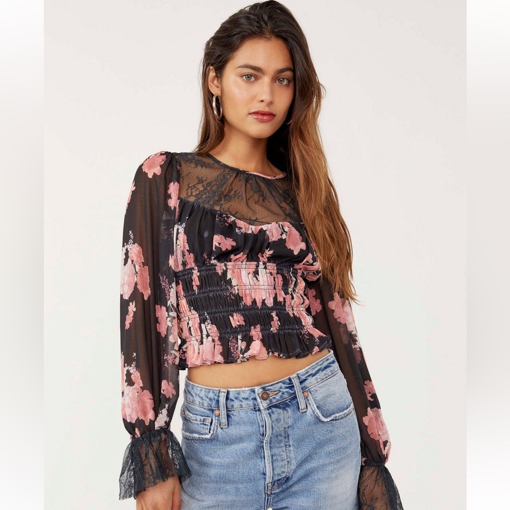 Free People Black Floral Daphne Blouse Sz S NWT